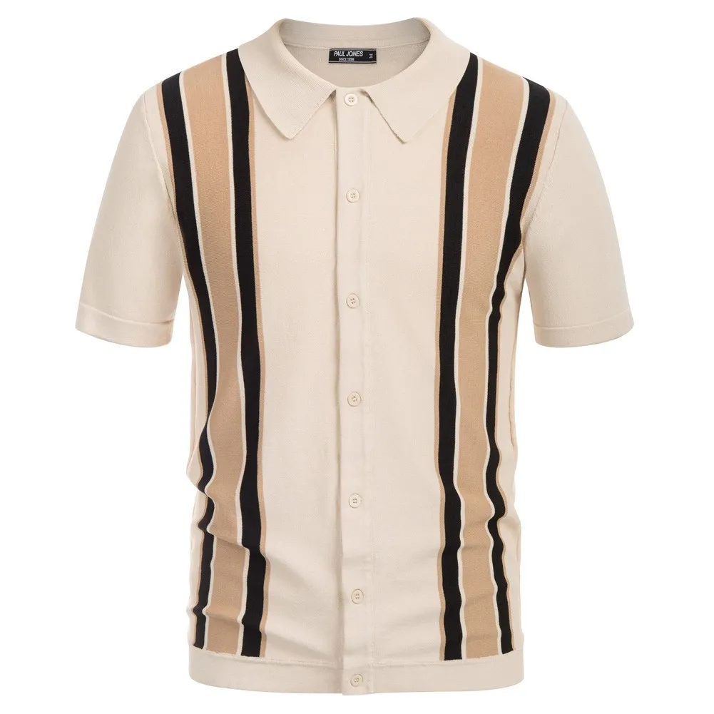 

Sweater Men Striped Simple Slim Short Sleeve Lapel Collar Button-Up Tops Contrast Color Cardigan Shortsleeve Sweater