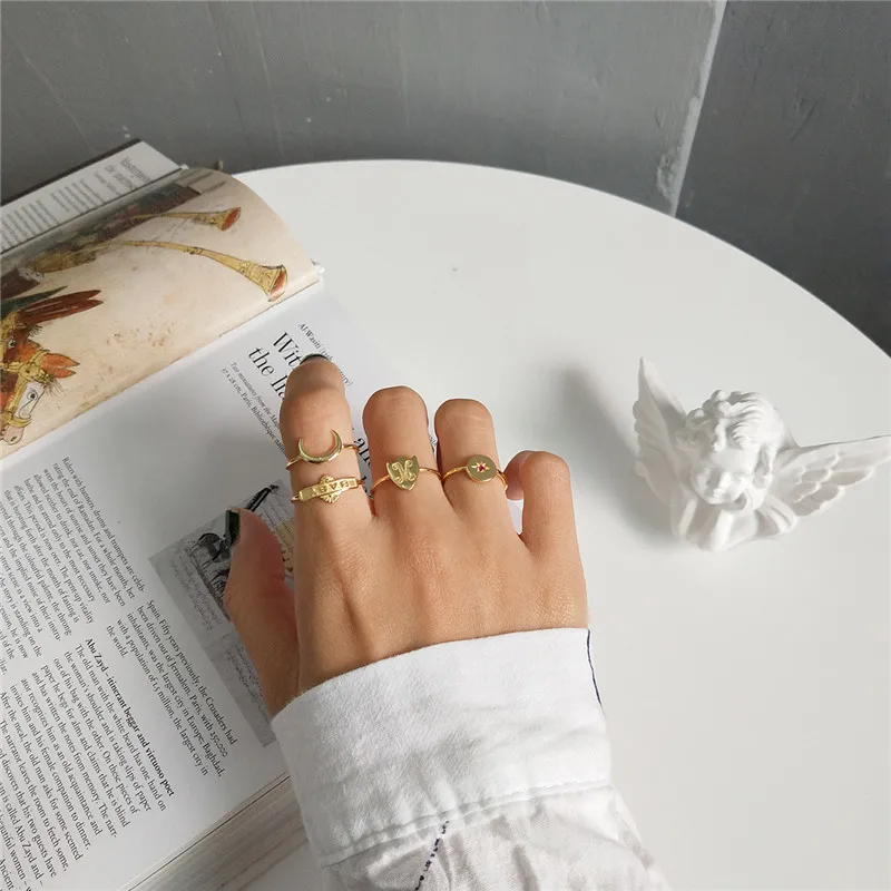 

POFUNUO 925 Sterling Silver Women Fashion Luxury Jewelry 4 In 1 Gentle Open Rings Young Girls Stylish Moon Star Baby Lovers Ring