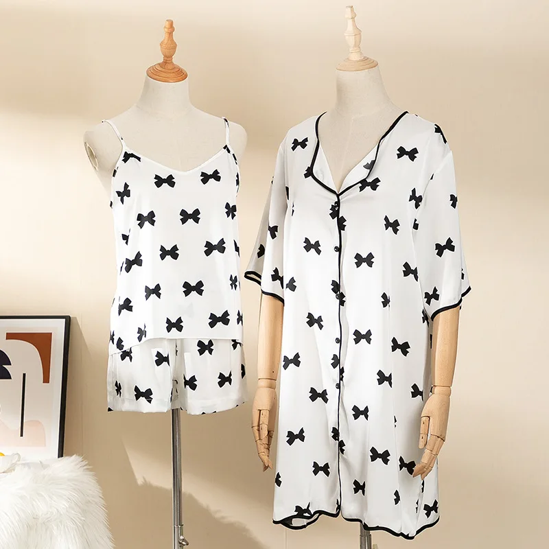 

Pajamas Women Sleepwear Summer Short Sleeve Nightgown Suspender Shorts Suit White Print Bow Pyjama Pour Femme Home Clothes