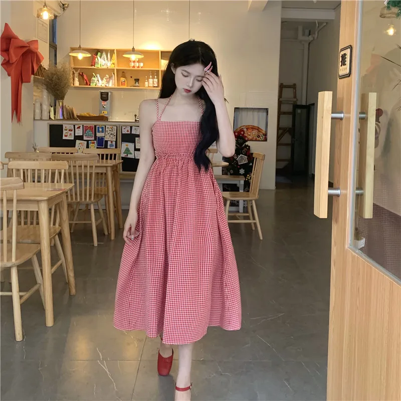 

Женское клетчатое платье на бретельках, приталенное платье с высокой талией и лямкой через шею, в стиле ретро, весна-лето 2021