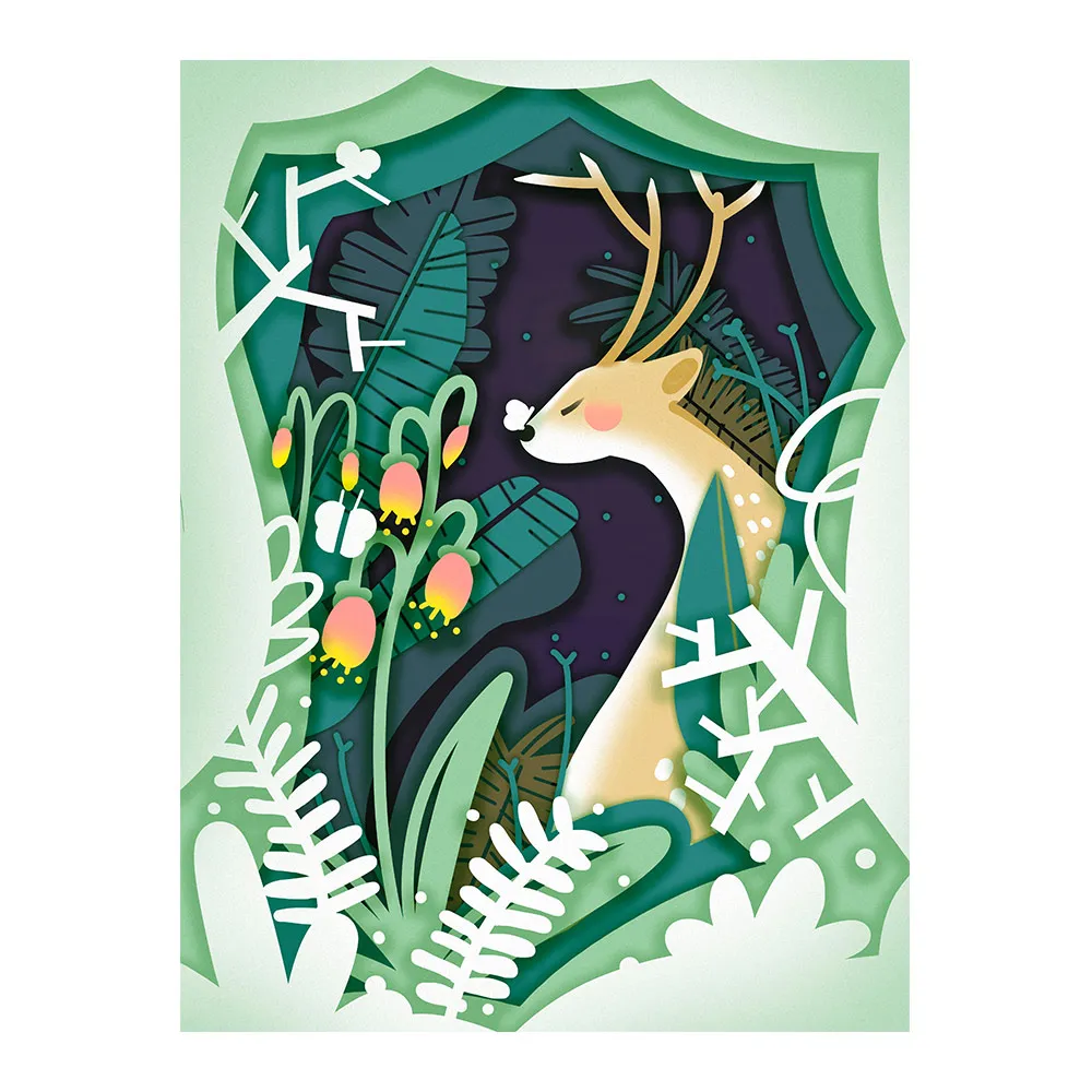 Алмазная живопись с изображением леса и мультяшного оленя круглая