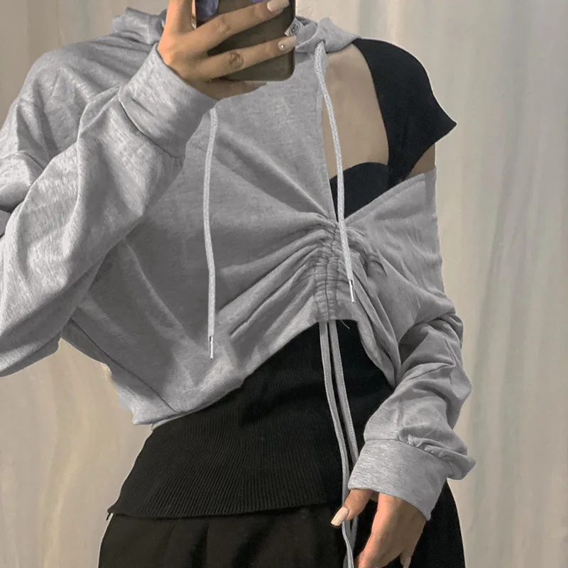 

Hoodies Women Street Style Casual Loose Slin Drastring Patchwork Solid Sweatshirts Women Hooded Neck Long Sleeve Navel Exposed