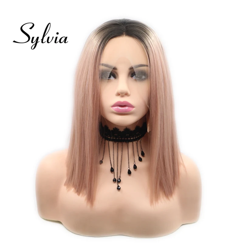 Sylvia розовый короткий прямой парик из синтетического кружева с темными корнями