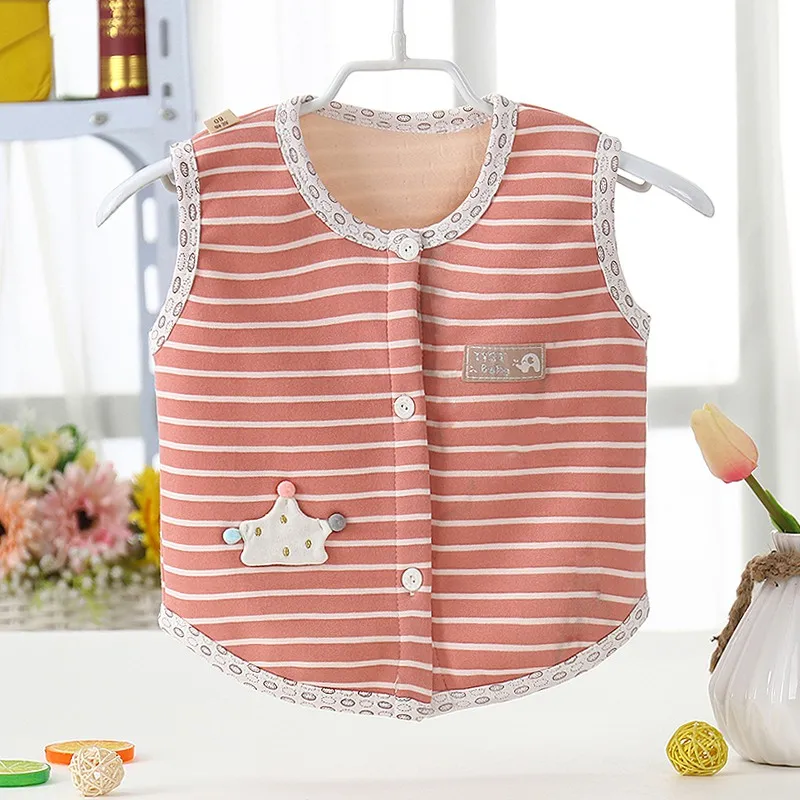 Осенне-зимний детский жилет От 3 месяцев до 4 лет Модный повседневный мягкий теплый хлопковый жилет в полоску с героями мультфильмов жилет для мальчиков и девочек 4 цвета