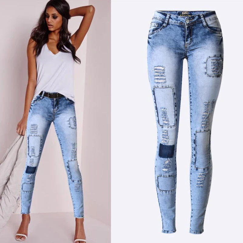 Autumn Women Jeans Blue Denim Patch Designs Slim Skinny Pencil Pants Elastic Low Waist Spring Female Trousers Streetwear C3066 images - 6