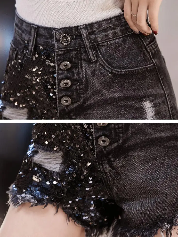 Женские джинсовые шорты с блестками рваные черные высокой талией и широкими