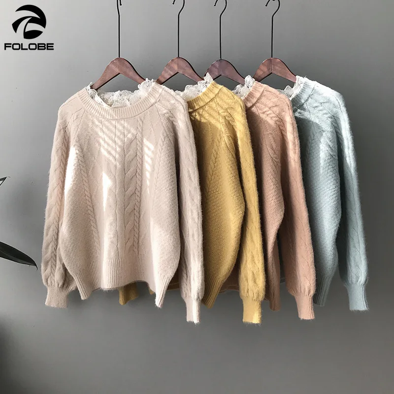 

FOLOBE Korea Vintage Twist Sweaters for Women Thick Warm Pullover Basic Lace O Neck Autumn 2020 Femme Casual Knitted Sweaters