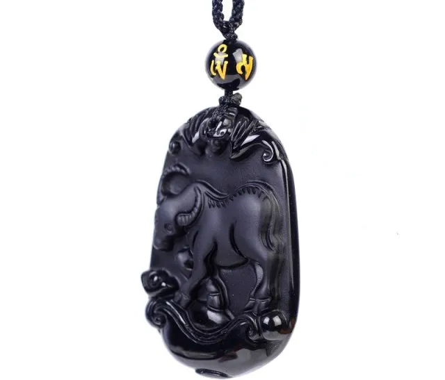 

Natural Black Obsidian Beads Necklace Hand-Carved Zodiac Cattle Jade Pendant Charm Jewelry for Man Women Auspicious Amulet Gifts