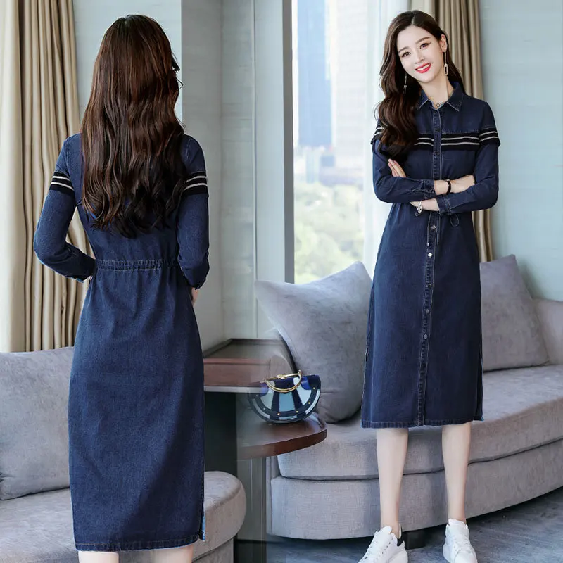 Женское джинсовое платье с длинным рукавом эластичной талией | Женская одежда