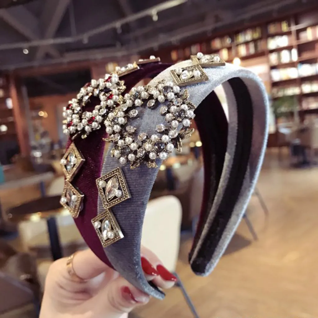 Женская повязка на голову с кристаллами широкая тканевая обруч для волос