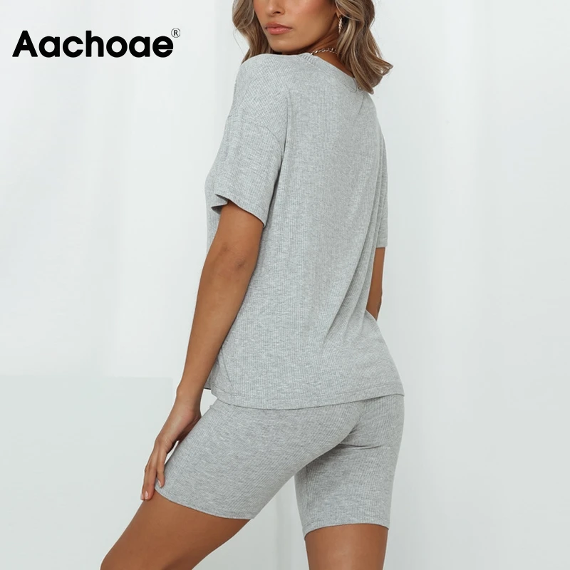 Комплект Aachoae женский из 2 предметов однотонная Повседневная Спортивная Футболка