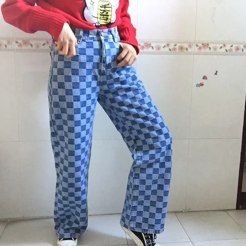 Корейская уличная одежда размера плюс в контрастную клетку джинсовые прямые