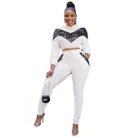 white hooded sweater set sequined long sleeve toplong pants two piece set 2021 winter new casual womens slim tracksuit outfits
