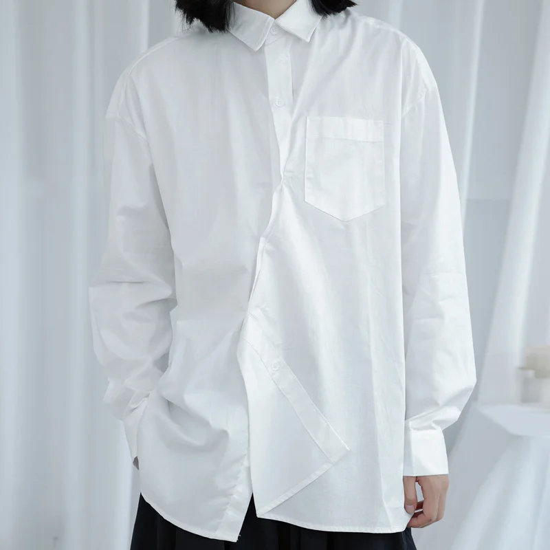 

autumn Large size abstinence Department irregular placket design loose long sleeve shirt fashion men's Japanese solid color shir