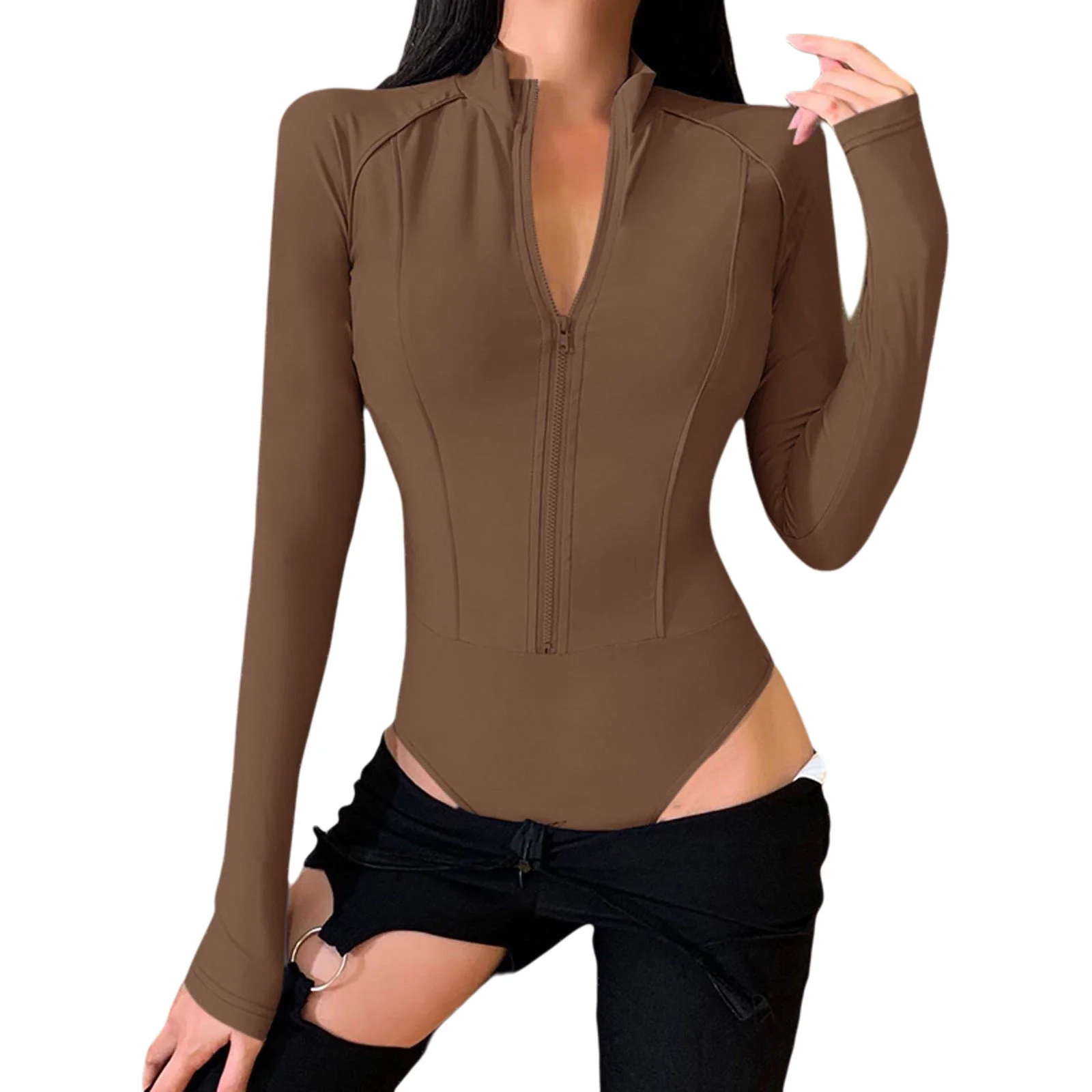 

Women Triangle rompers Long Sleeve Bodysuit Stand-up Collar Zipper Closure Simple Solid Color Sexy Slim Style Spring Clothing