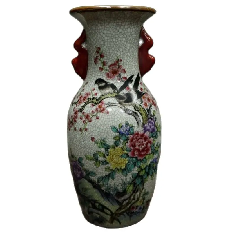 

Chinese Old Porcelain Two Eared Vase With Flower And Bird Pattern