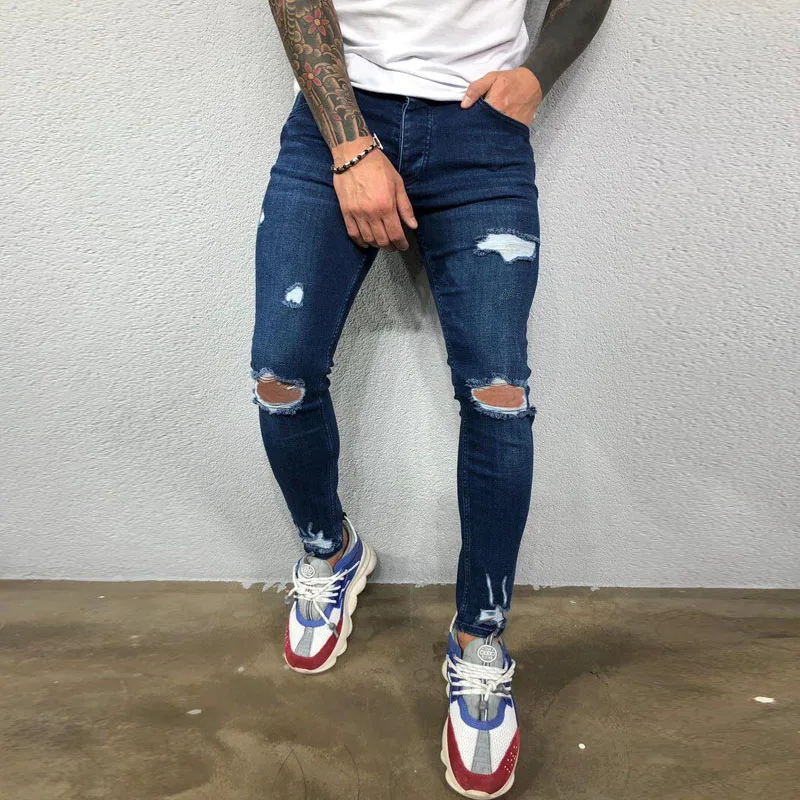 Fashion Streetwar Black Skinny Jeans Men Knee Hole Ripped Stretch Slim Denim Pants Solid Color Elastic Hip Hop Motorcycle jeans