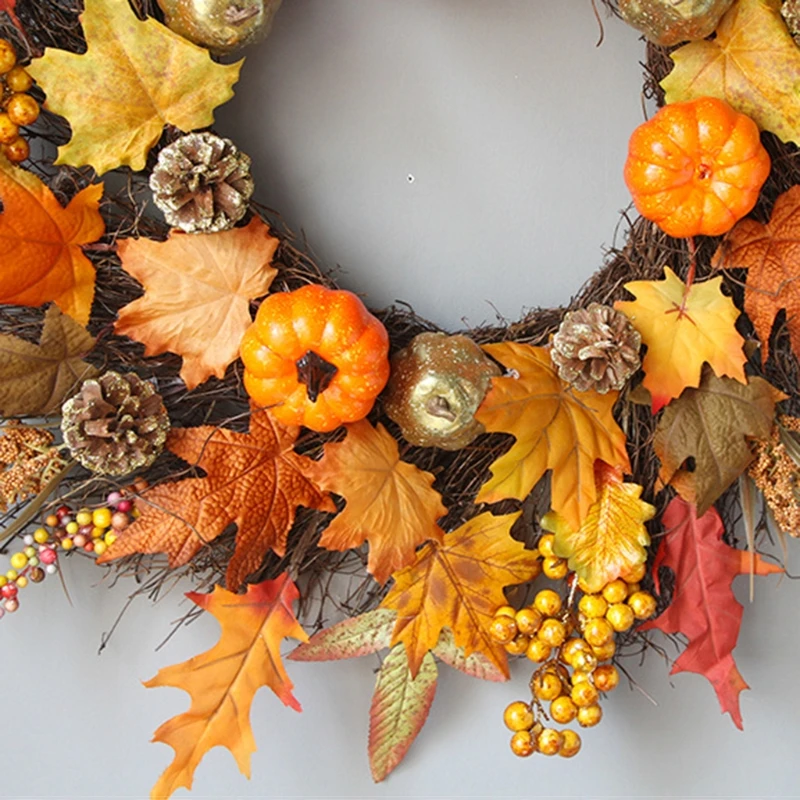 

45cm/60cm Maple Leaf Wreath with Simulation Pumpkins Berries Thanksgiving Day Christmas Ornaments Windows Decor Props