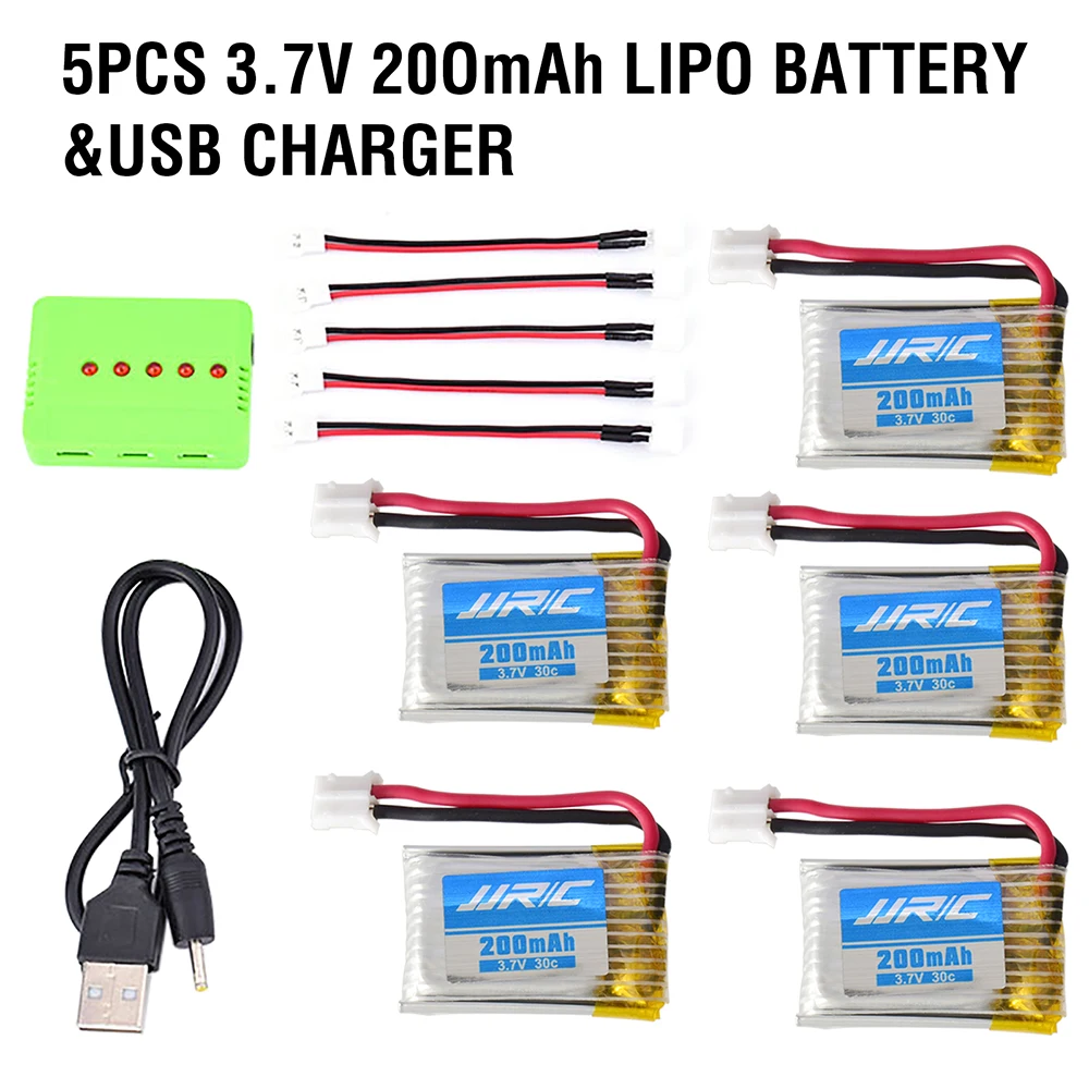 

JJR/C H36 5Pcs 3.7V 200mAh 30C Lipo Battery & 5 in 1 USB Charger for RC Drone Goolrc T36 E010 E011 E012 NH 010 Mini Quadcopter