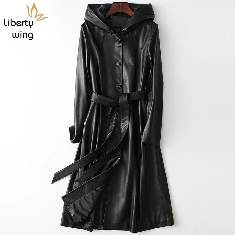 Осеннее женское длинное пальто из натуральной овчины куртка с капюшоном Женский