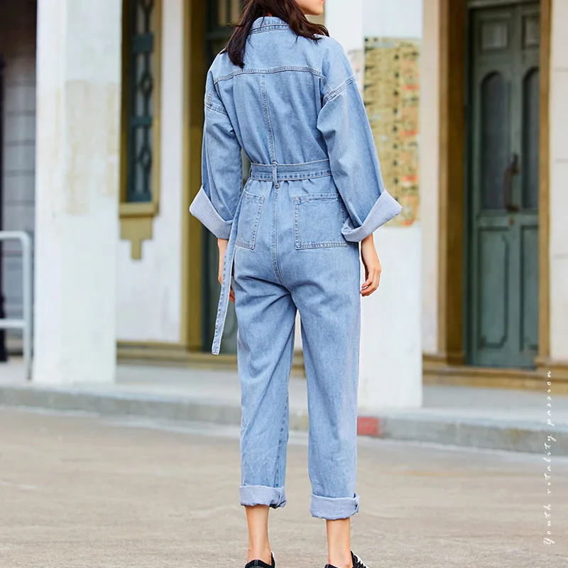 PERHAPS U Blue Denim Jeans Turn Down Collar Full Sleeve Long Jumpsuit Sash Casual High Street Women J0022 |