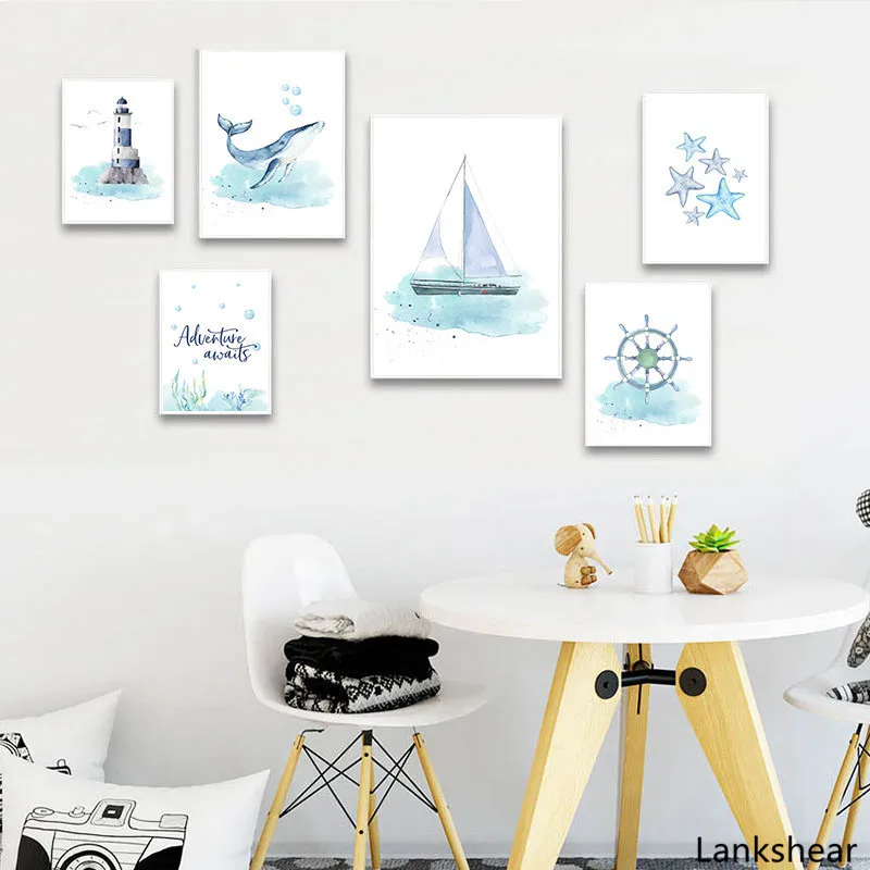 Детский постер с морской тематикой настенная Картина на холсте рисунком Кита