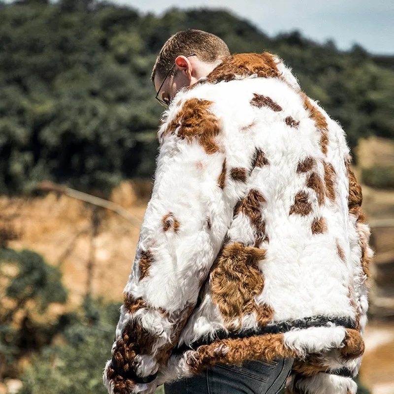 

Роскошное мужское модельное пальто из натуральной овчины, пальто из натуральной овчины, готический рисунок, в стиле хип-хоп, пушистая шерст...