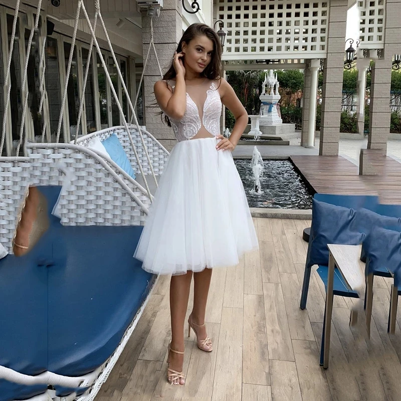 Короткие свадебные платья до колен с V образным вырезом в стиле бохо Пляжное