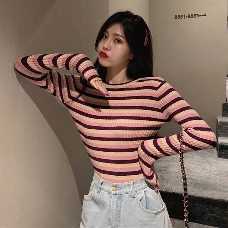 Свитер женский в полоску с круглым вырезом и длинными рукавами | Женская одежда
