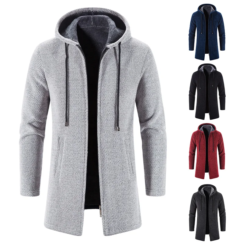 Men's autumn/winter Long Coat Thick Cardigan male  Hooded Sweater Warm jumper  Fashion Solid  Red Jacket  Zipper Clothing
