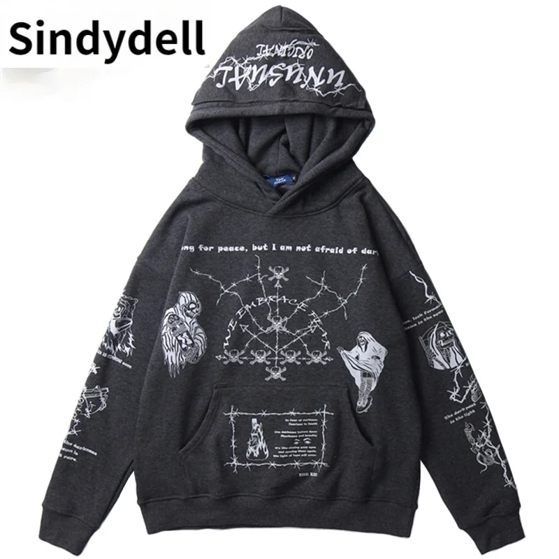 

2021 New Hip Hop Hoodie Sweatshirt Men Streetwear Skull Graffiti Print Hoodie Pullover Cotton Autumn Grey Harajuku Punk Clothes