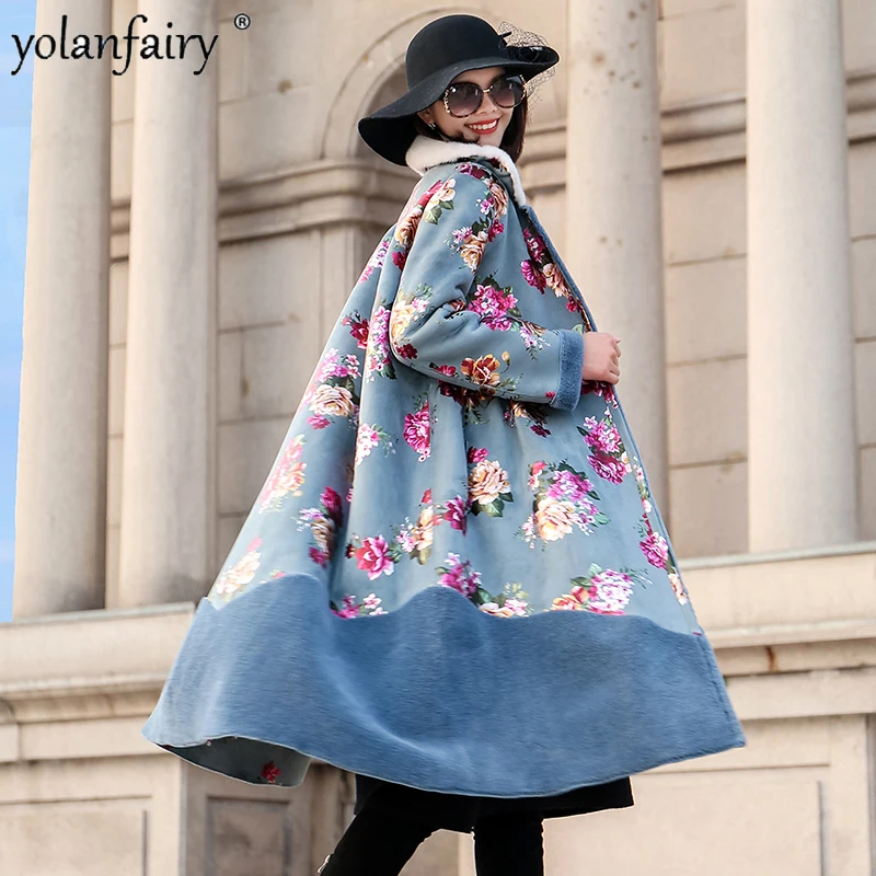 

Winter 100% Natural Fur Coat Women Real Mink Fur Collar Female Jacket Long Sheep Shearling Coats Vintage Print Wool 181082