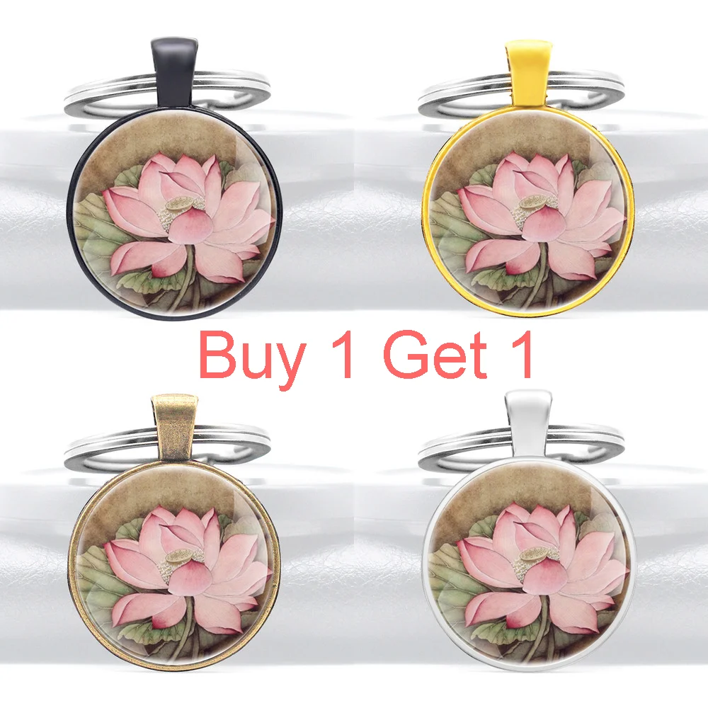 

Купите 1 и получите 1 классическое китайское искусство, цветок лотоса, стеклянный кабошон, аксессуары для мужчин и женщин, кольца для ключей