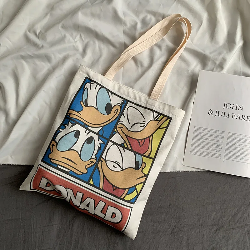 Women's Donald Duck  Canvas Tote Bags Korean Students Shoulder Cotton Cloth Shopping Bag Foldable Shopper Bag Handbag for Girls