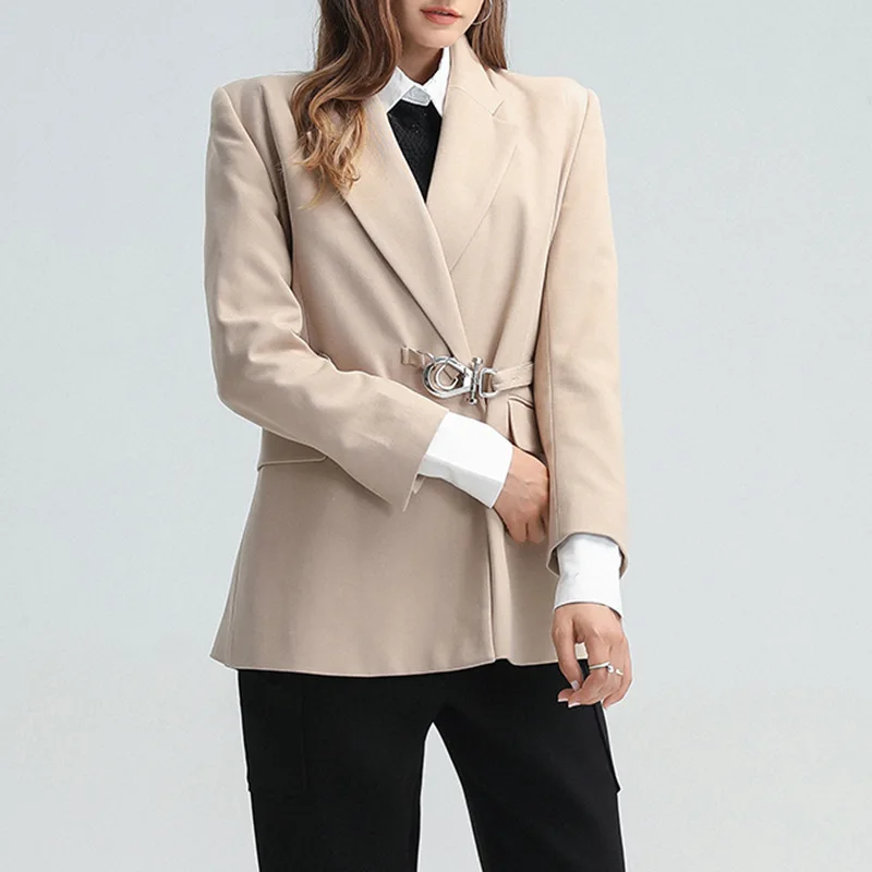 Elegant New Metal Buckle Lock Belted Waist Women Suit Blazer OL Fashion Blazer Jacket