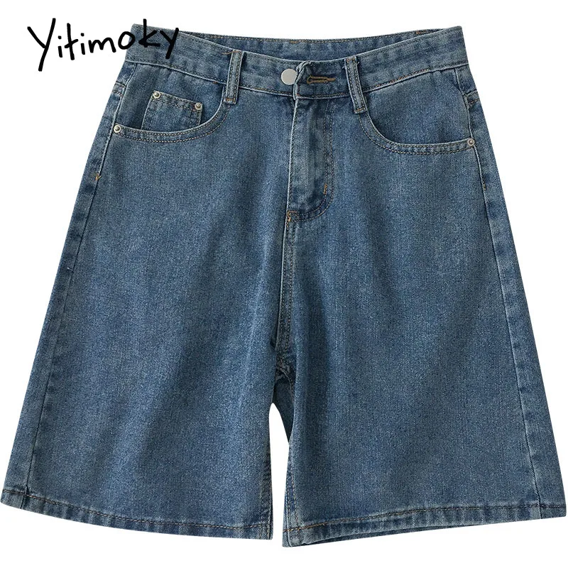 

Yitimoky Vintage Denim Shorts Women 2021 Summer Fashion Harajuku Wide Leg Jeans High Waist Zipper Fly Straight Casual Clothing