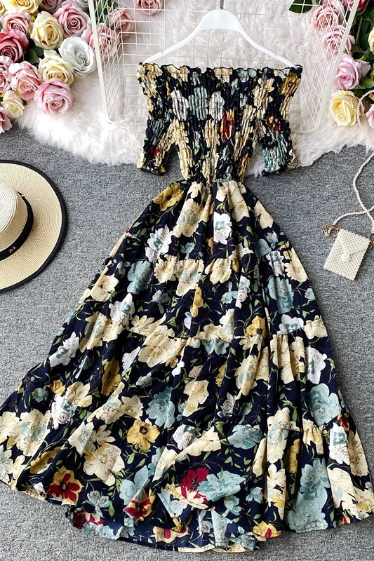 

New women's holiday slash neck dress Korean fashion slim print irregular ruffles A-line dress summer Vanguard 2021