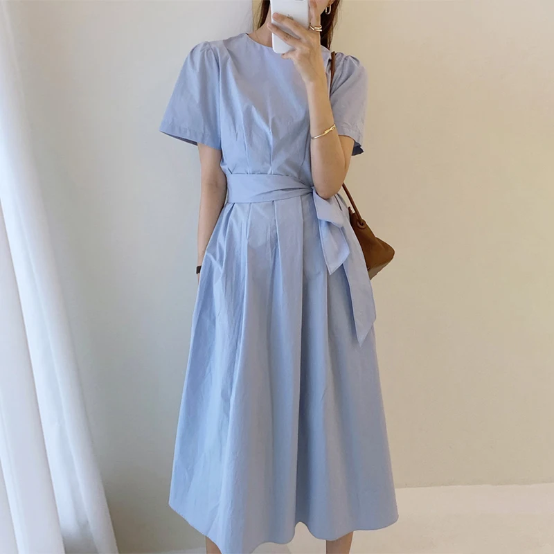 

Korean Chic French Temperament Milk Soft Blue Round Neck Pleated Lace-Up Waist Slimming Short-Sleeved Dress Long Skirt