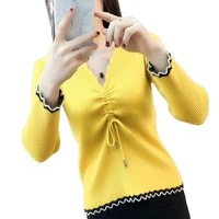 2021 women spring autumn new korean of the bow tie with pleated v neck sweater female color matching long sleeved sweater a573ch