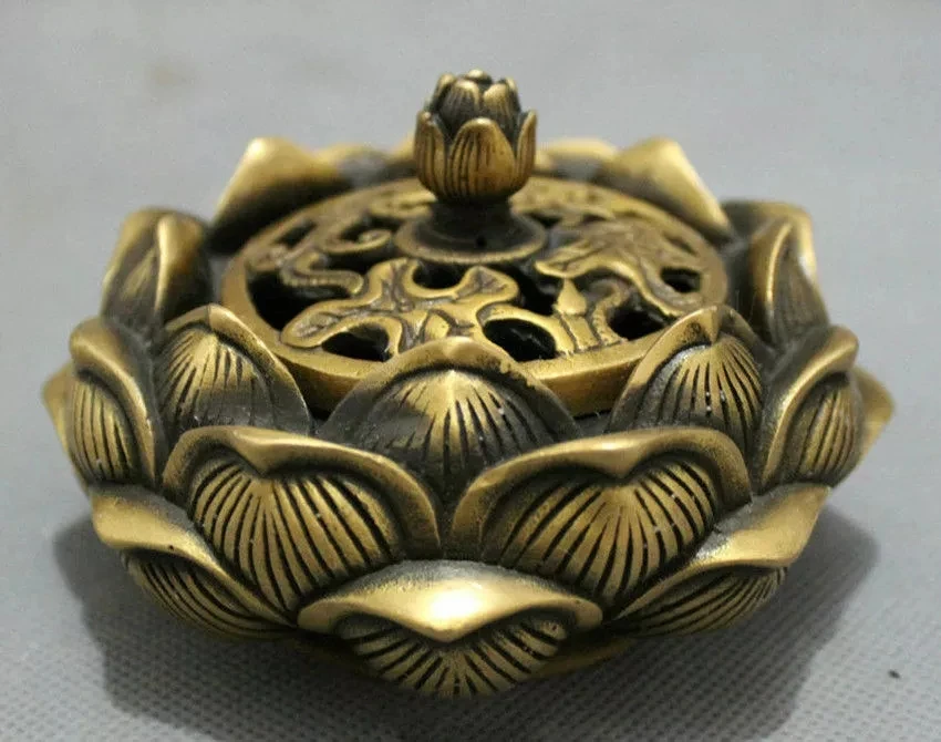 

Tibet Bronze Folk Buddhist Auspicious Lotus Statue Flower Incense Burner Censer