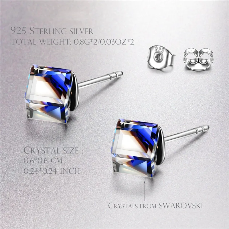 

Luxury Female 4/6/8mm Square Crystal Earrings 100% Real 925 Sterling Silver Earrings For Women Charm Wedding Small Stud Earrings