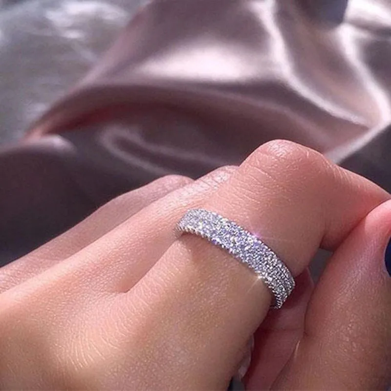 

3 Row CZ Solitaire Ring For Men/Women Silver Color Iced Out Charm Round Ring Band Classic Hip Hop Jewelry For Gifts