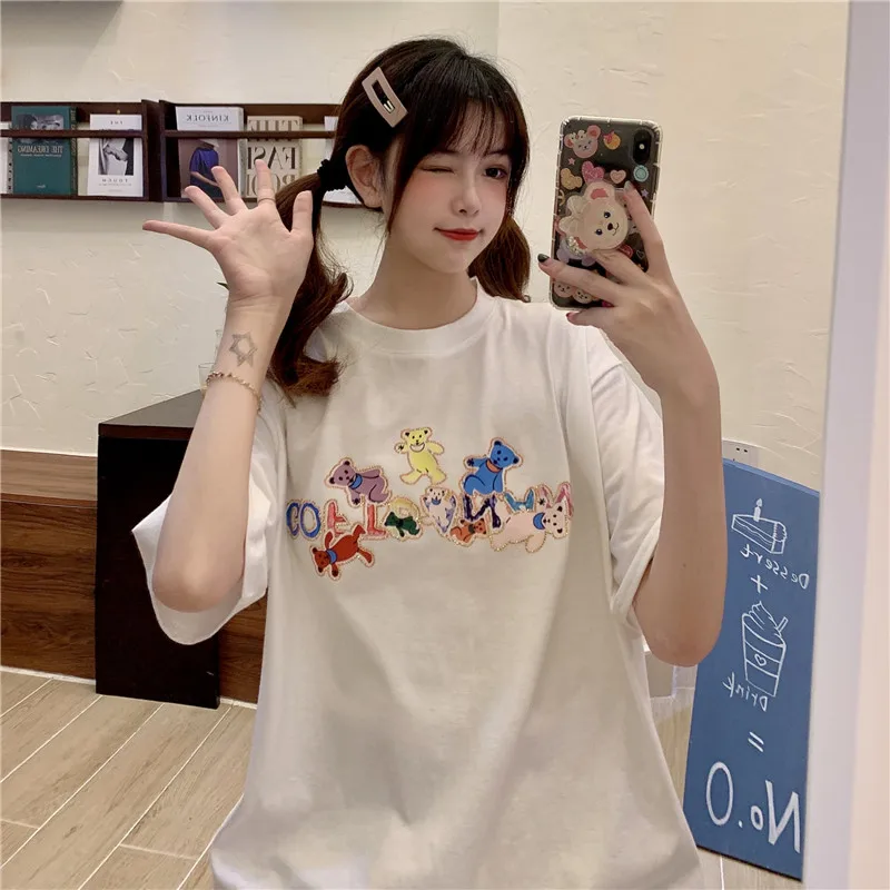 

7820 women 2022 new Design sense niche summer round neck bear print T-shirt