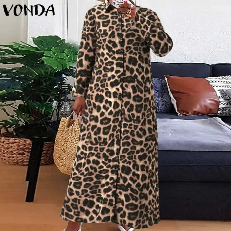 

VONDA Women Autumn Dress 2022 Casual Lapel Collar Button Down Shirt Dresses Vintage Leopard Party Vestidos Robes Plus Size 5xl