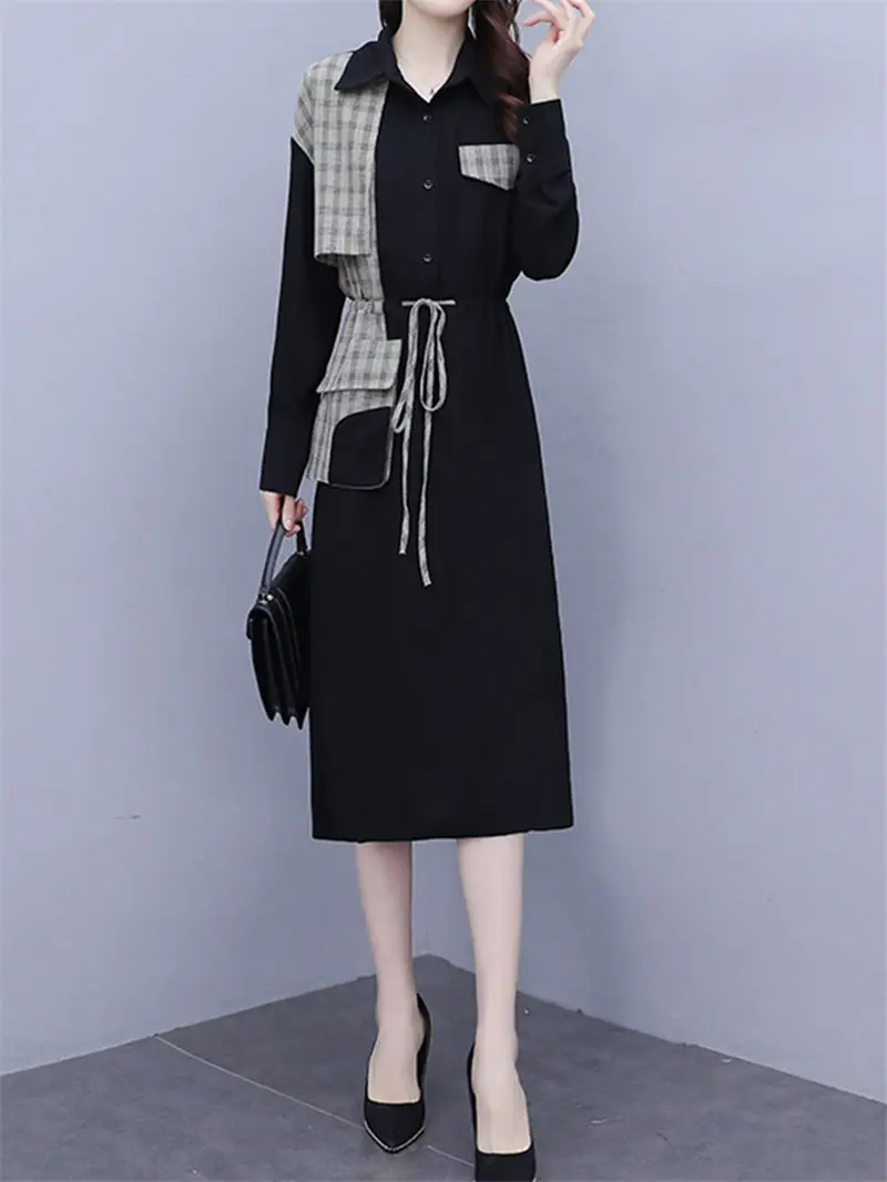 

Женское свободное платье-ветровка средней длины, свободное корейское платье средней длины контрастных цветов, модель M297 на осень, 2021