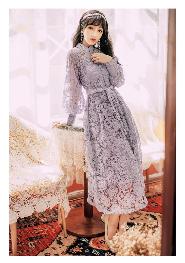 

2021 Spring New Dresses Women French Retro Lace Hollow Sweet Midi Dress Lantern Full Sleeve Slimming Tied Single-breasted Dress