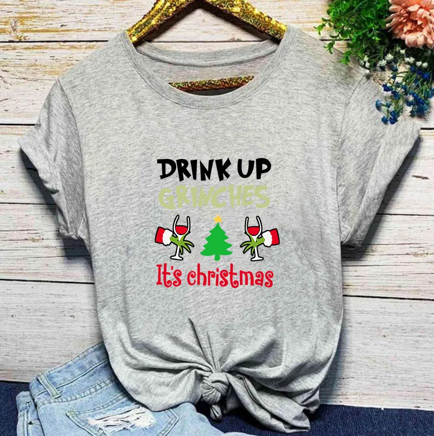 2QIMU Drink Up Grinches It's Christmas футболки модные графические женские Топы футболка с