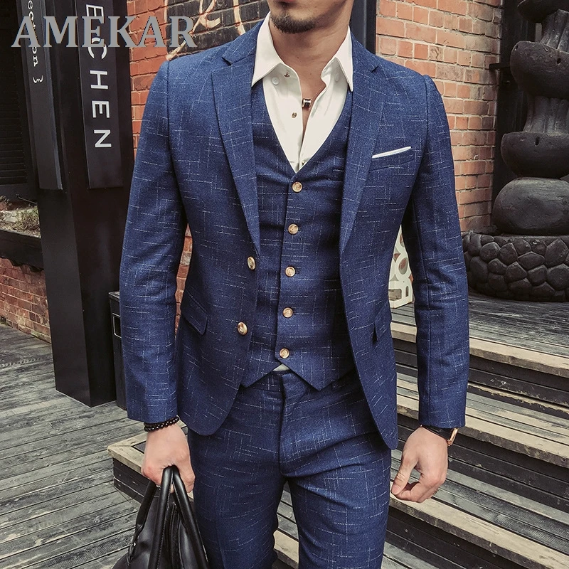 

(Пиджак + жилет + брюки) мужской свадебный костюм мужские блейзеры приталенные костюмы для мужчин костюм деловой официальвечерние Ник класс...