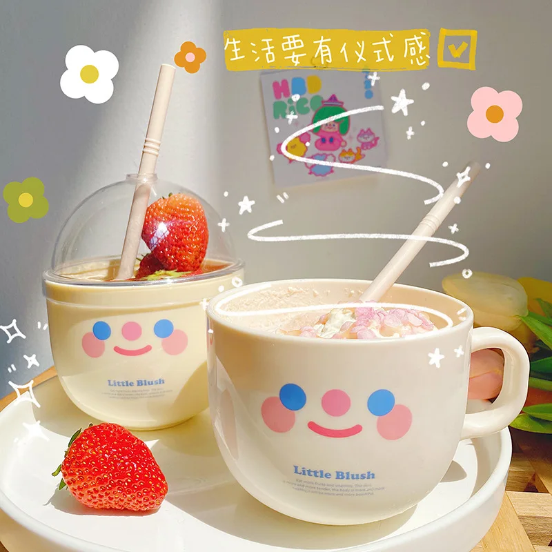 

Smiley Plastic Straw Mug Simple Cute Water Cup Breakfast Cereal Bowl Girl Milk Juice Water Bottle
