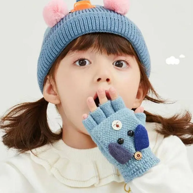 

1 Pair Half Finger Flip Gloves Knit Windproof Unisex Flip Cartoon Finger Half Warm Cute Glove Gloves Soft Kids Winter Glove X0M3